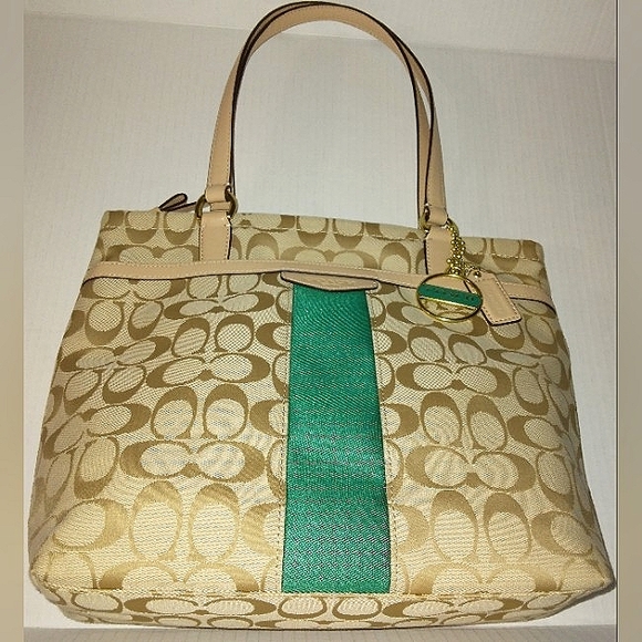 ☆Brand New☆Beautiful COACH Signature Stripe 12CM Emerald Zip Top Tote☆ - Picture 12 of 16